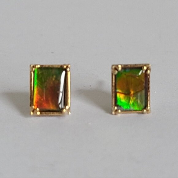 Gems En Vogue Palladium Silver Gold Plate Ammolite Gemstone Square Stud Earrings - Picture 2 of 14